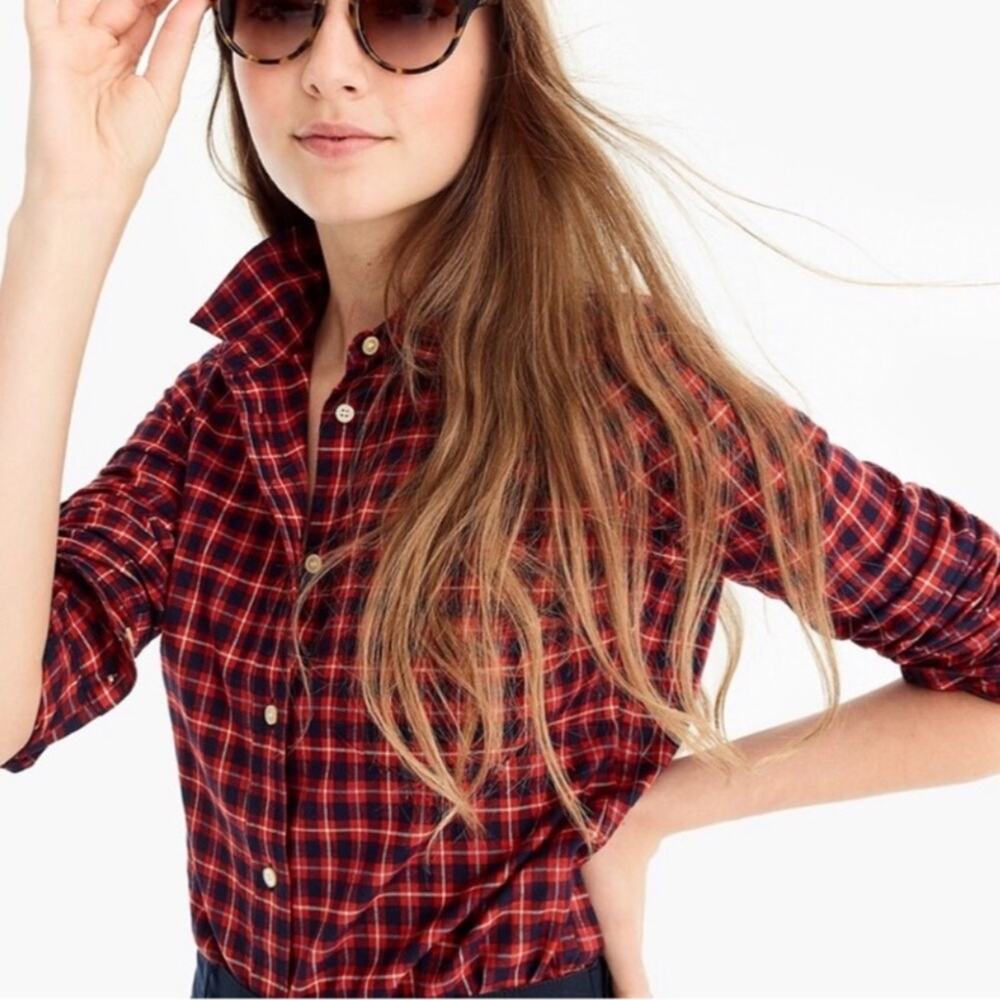 J. CREW Classic Fit Brushed Twill Flannel Button Down Shirt Red Navy Check SZ14
